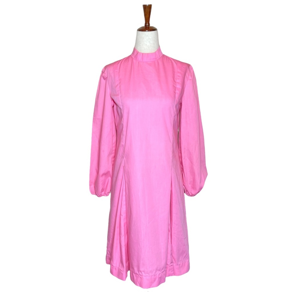 Vintage 60s Bubblegum Pink Mock Neck Balloon Sleeve Dress